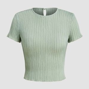 Cider Round Neck Solid Short Sleeve Top Sage Green Ribbed Lettuce Large